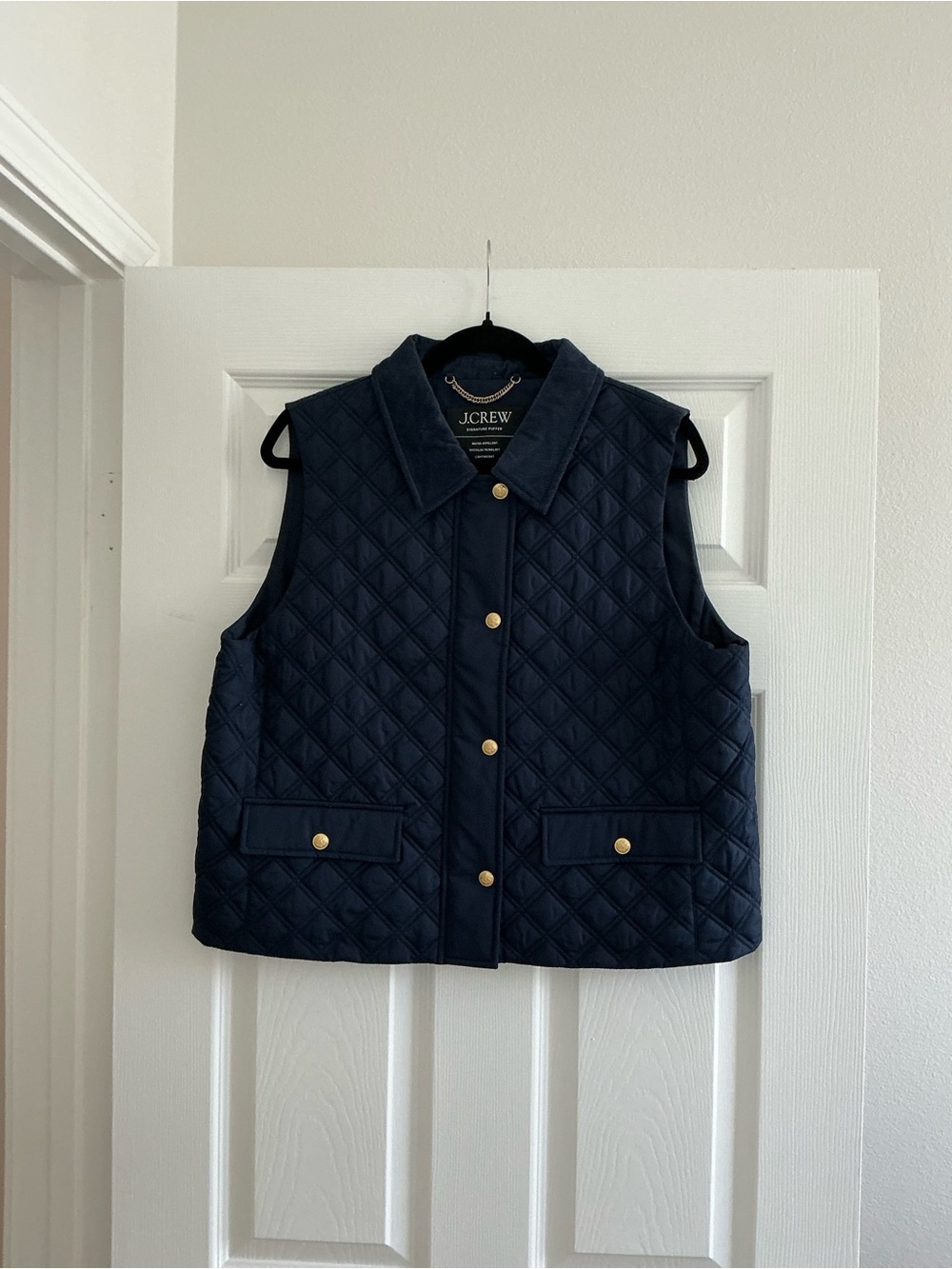 J. Crew Navy Signature Puffer Vest with Gold Chain Detail